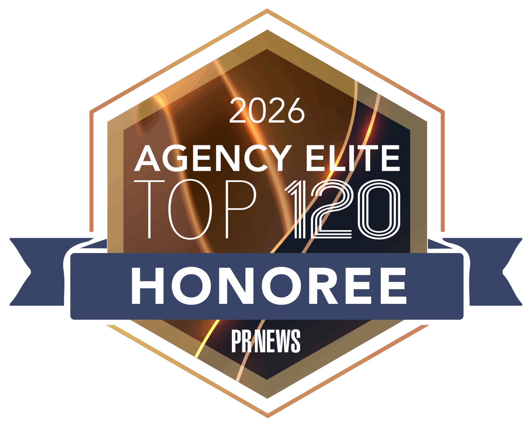 Badge graphic for PRNEWS 2026 Agency Elite Top 120 Honoree. The hexagonal emblem features a copper and bronze gradient background with light streaks, white text reading ‘2026 Agency Elite Top 120,’ and a navy-blue ribbon across the front with the word ‘Honoree’ in bold white letters. The PRNEWS logo appears at the bottom.