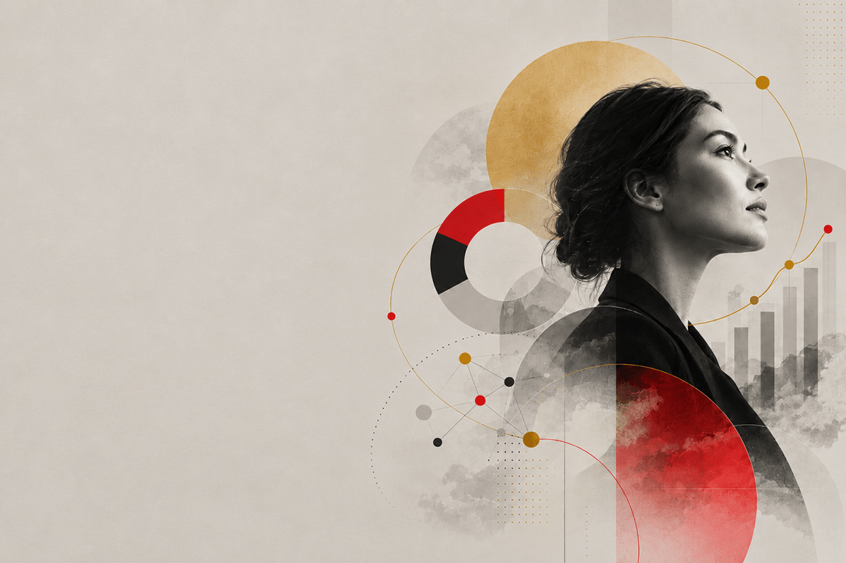 Abstract hero image showing a professional woman in profile with subtle data visualization elements in red, gold and gray.